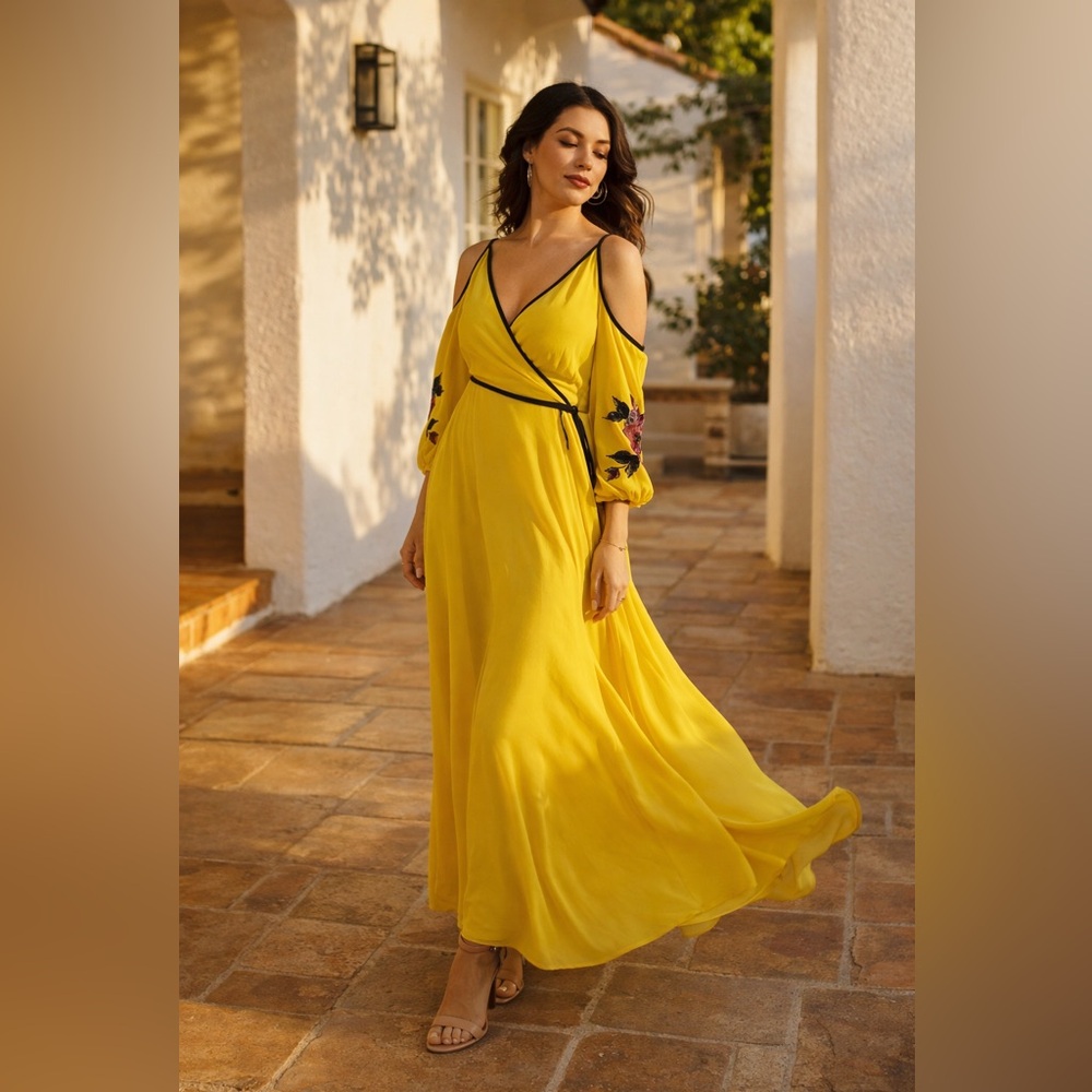 Chartreuse Yellow Boho Maxi Dress Embroidered Sleeves Wrap Bodice Resort Medium